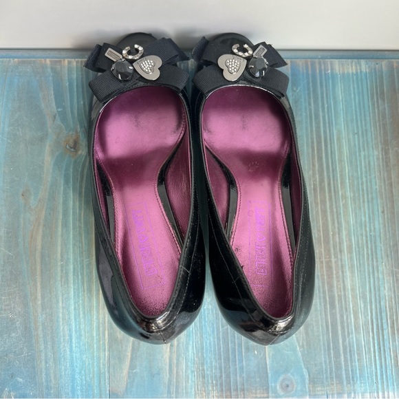 Coach Black Patent Wedge Heels Size 6 | Bow Charm Peep Toe Shoes - Picture 9 of 16